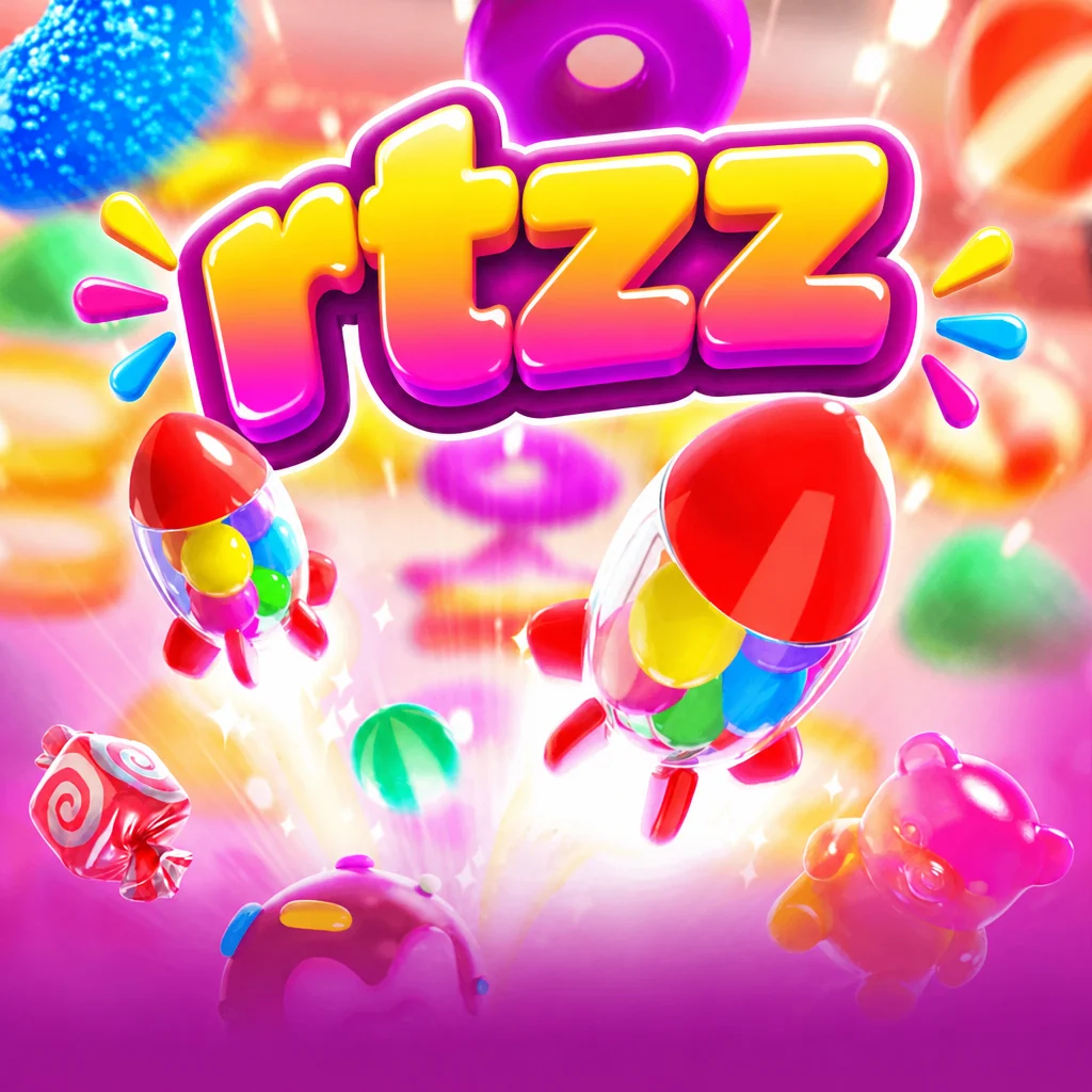 Logo rtzz di atas ilustrasi roket permen warna-warni dan beruang jeli pada permainan Candy Burst